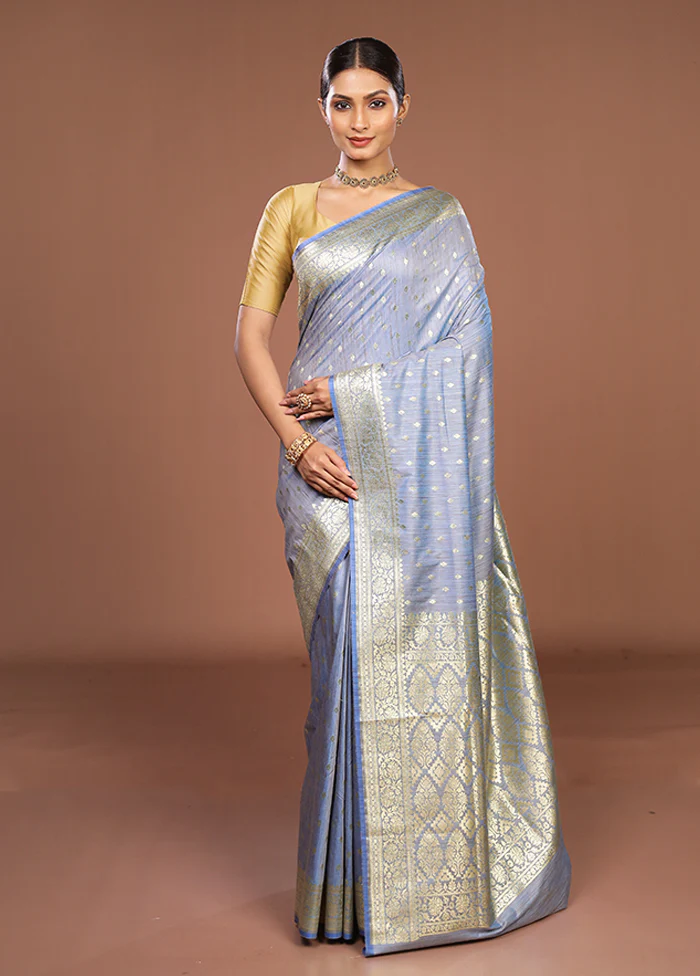 Blue Tussar Silk Saree With Blouse Piece - Image 2