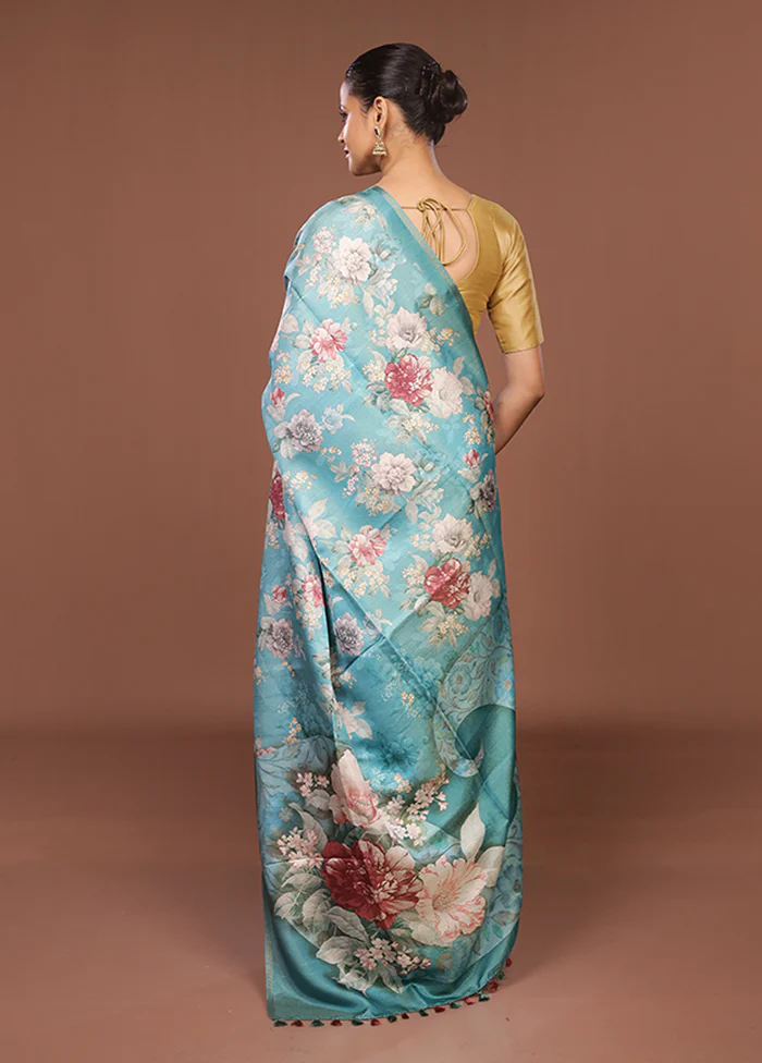 Blue Tussar Silk Saree With Blouse Piece - Image 3