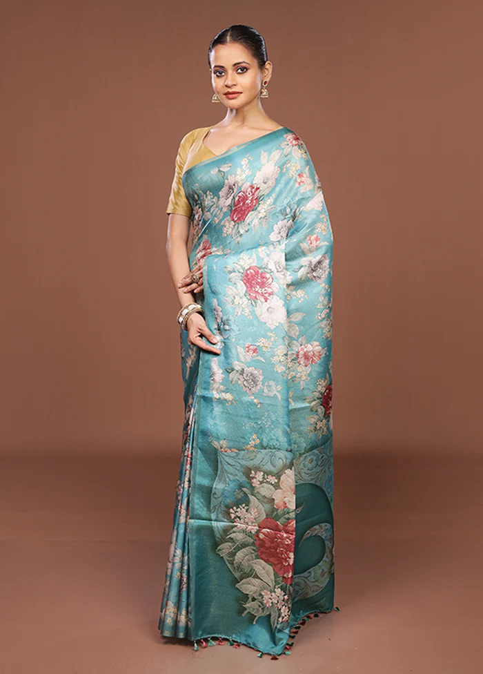 Blue Tussar Silk Saree With Blouse Piece - Image 4