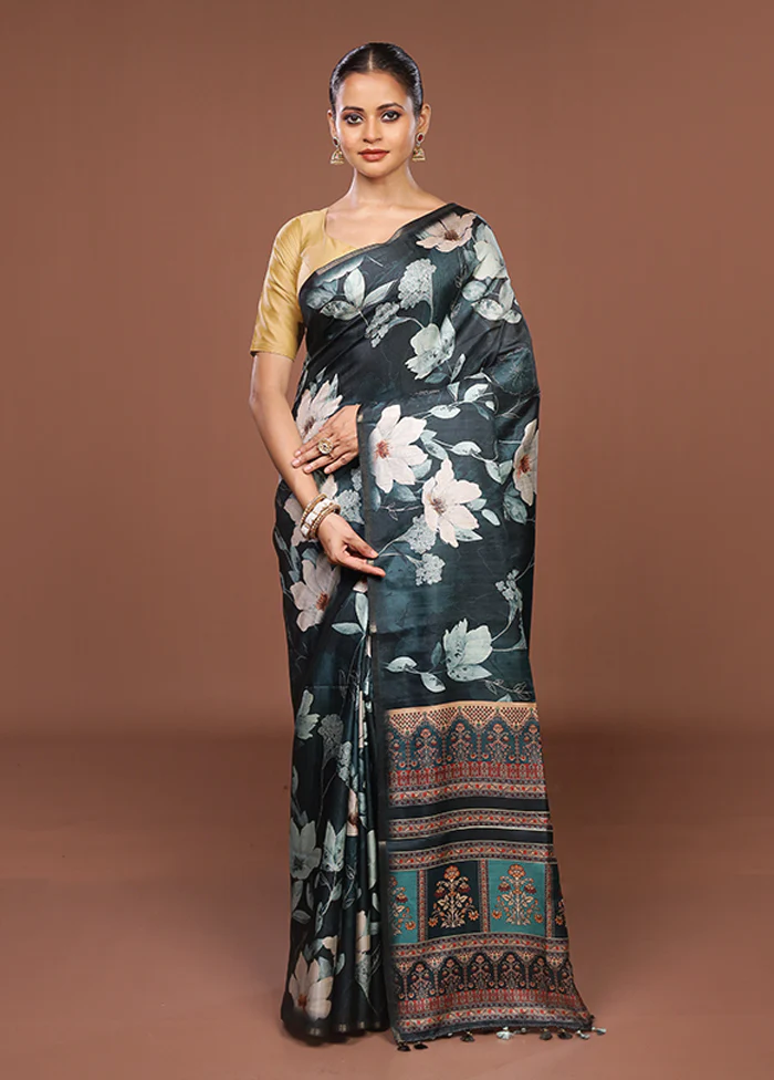 Blue Tussar Silk Saree With Blouse Piece - Image 2