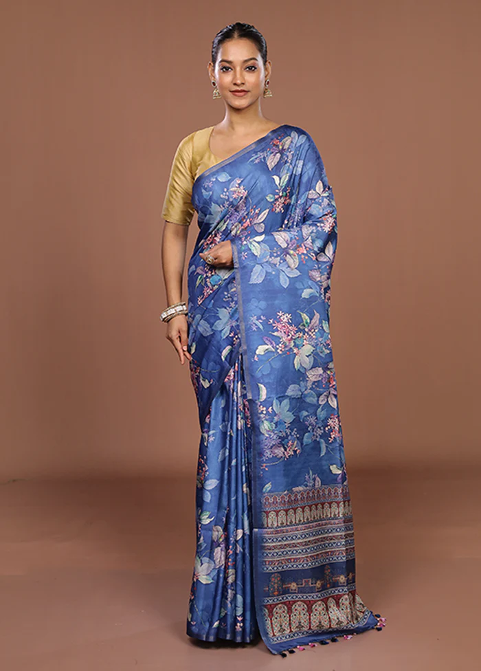 Blue Tussar Silk Saree With Blouse Piece - Image 2