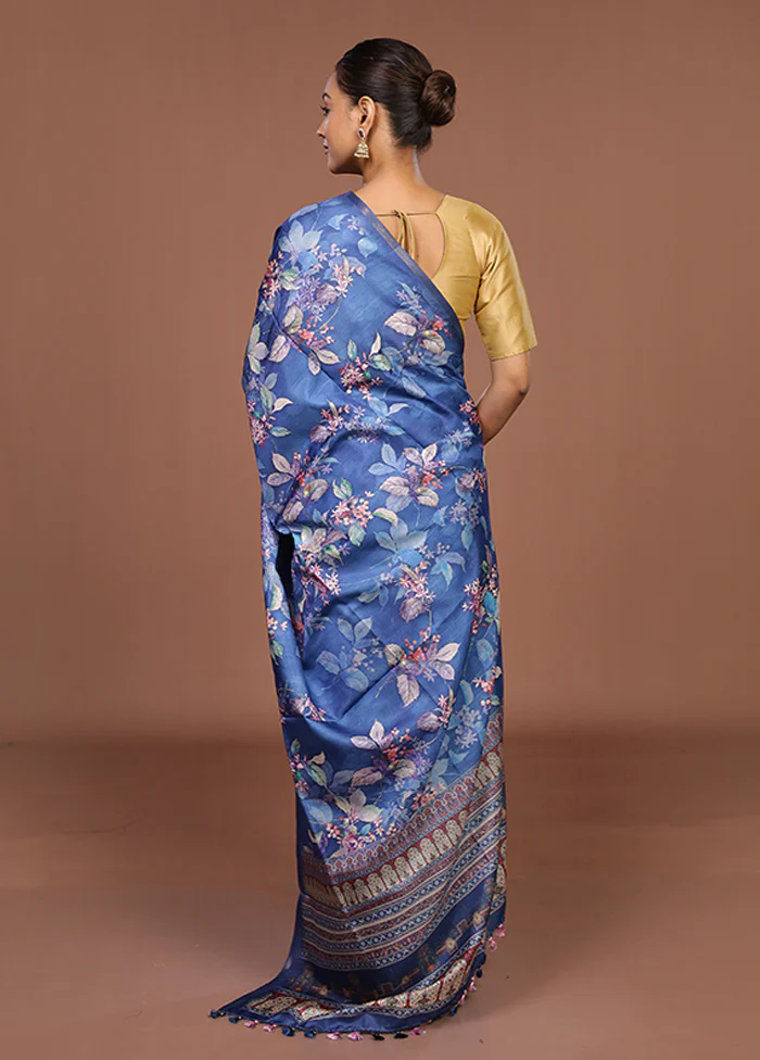 Blue Tussar Silk Saree With Blouse Piece - Image 3