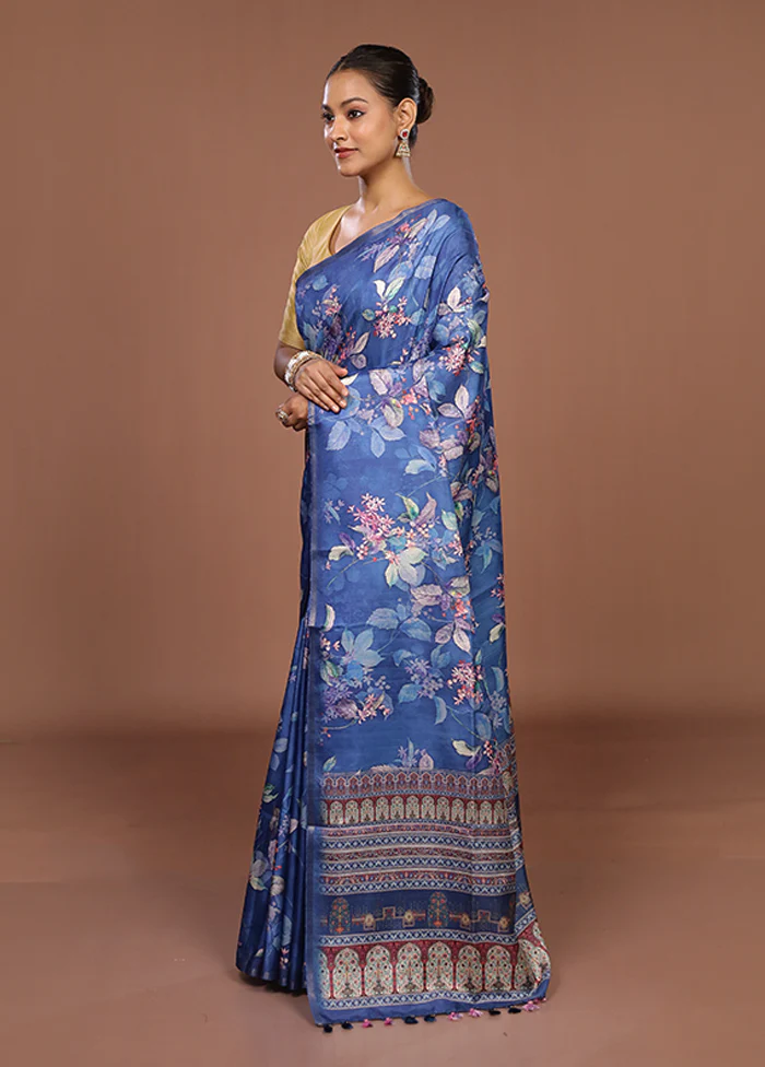 Blue Tussar Silk Saree With Blouse Piece - Image 4