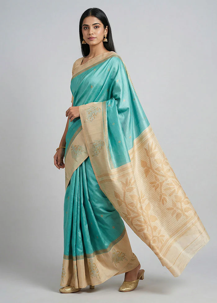 Blue Tussar Silk Saree With Blouse Piece