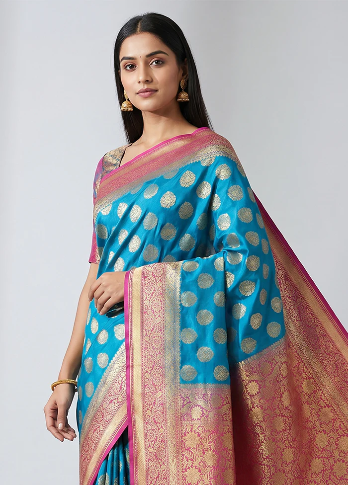 Blue Uppada Silk Saree With Blouse Piece - Image 2