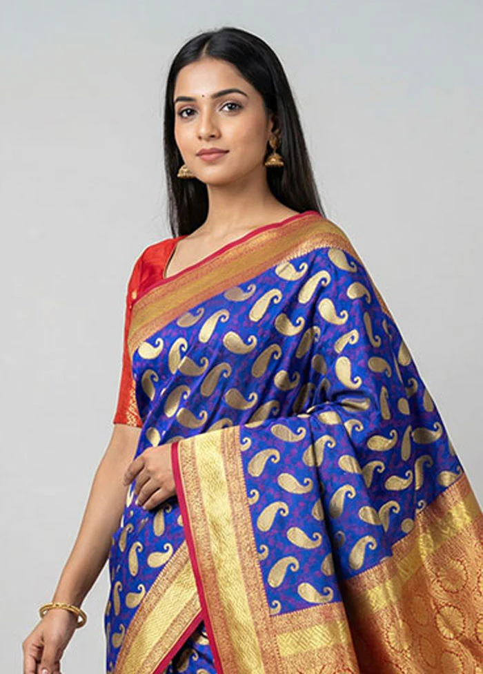 Blue Uppada Silk Saree With Blouse Piece - Image 2