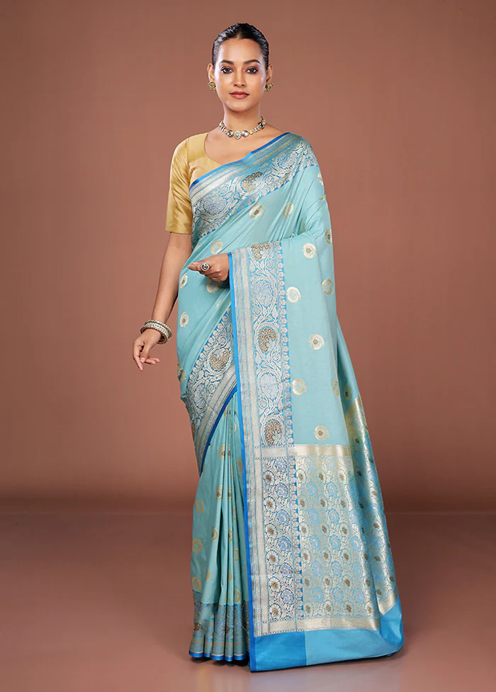 Blue Uppada Silk Saree With Blouse Piece - Image 2