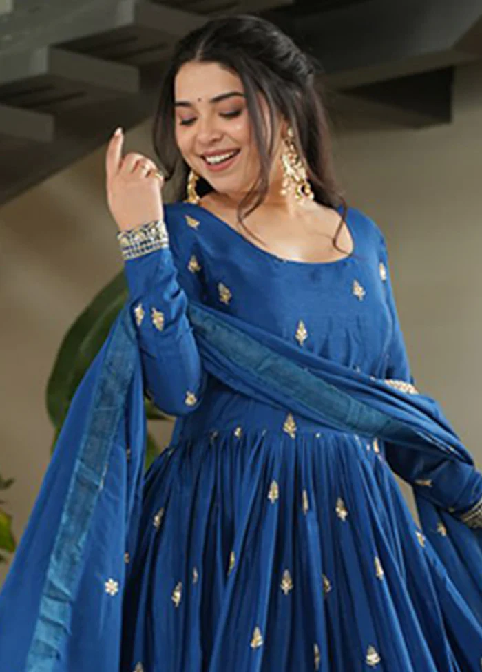 Blue Woven Work Silk Gown With Dupatta - Image 2