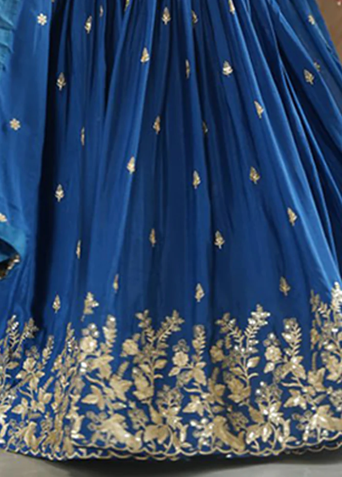 Blue Woven Work Silk Gown With Dupatta - Image 3