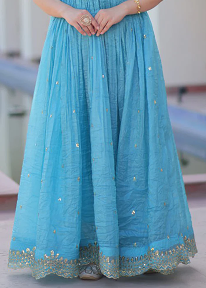 Blue Woven Work Silk Gown - Image 3