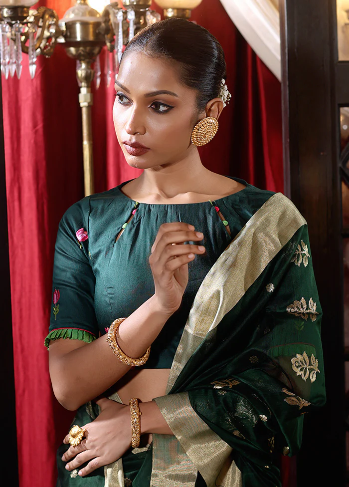 Bottle Green Boat Neck Designer Blouse - Image 3