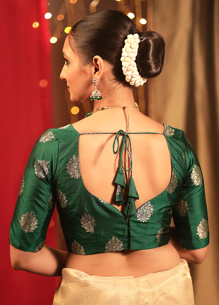 Bottle Green Brocade Designer Blouse - Image 2