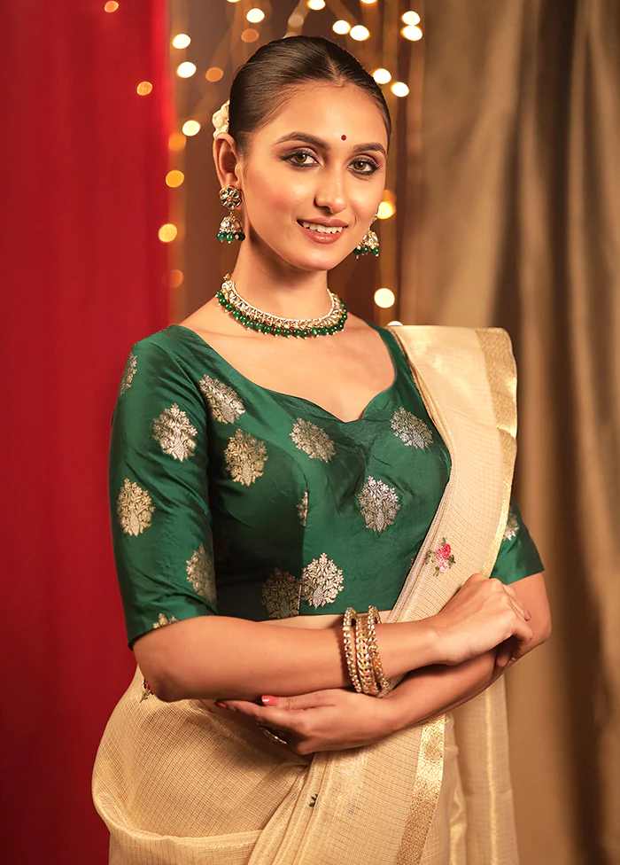 Bottle Green Brocade Designer Blouse - Image 3