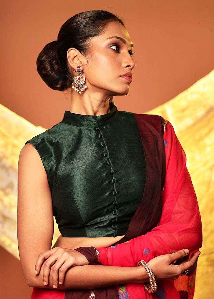 Bottle Green Collar Neck Designer Blouse Piece - Image 3