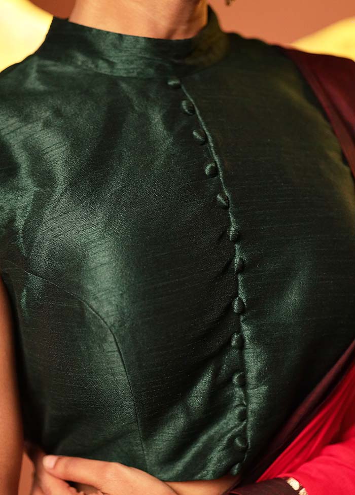 Bottle Green Collar Neck Designer Blouse Piece - Image 4