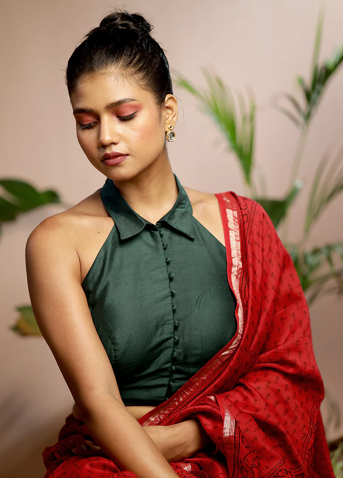 Bottle Green Cotton Silk Designer Blouse - Image 3