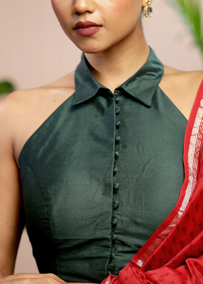 Bottle Green Cotton Silk Designer Blouse - Image 4
