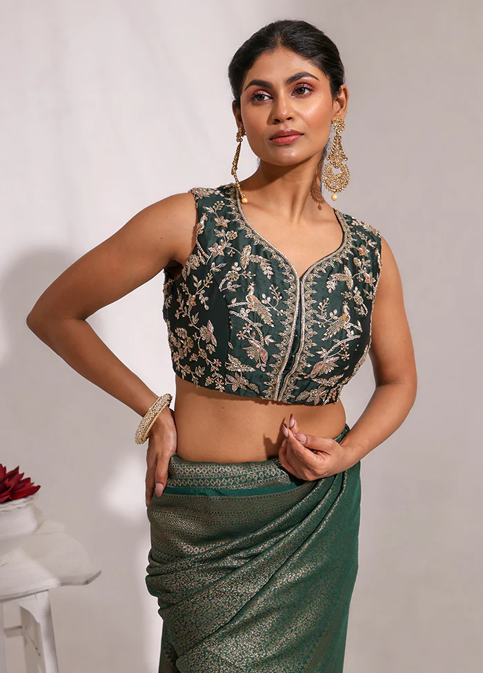 Bottle Green Sweetheart Neck Designer Blouse - Image 3