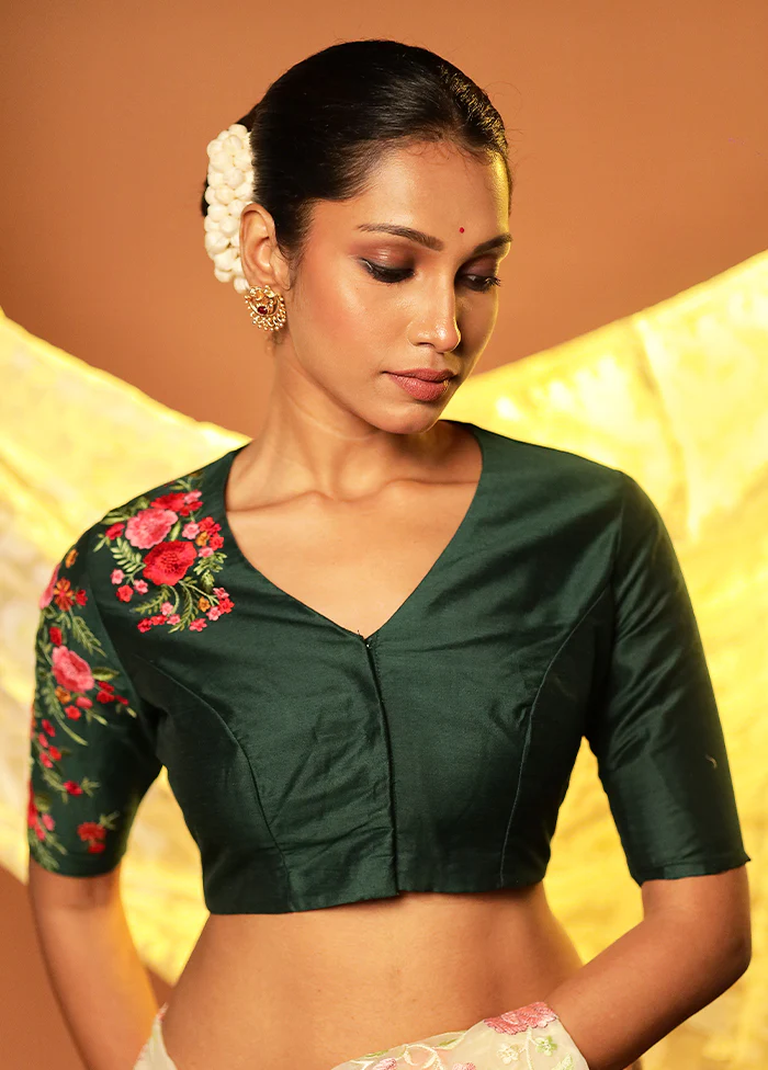 Bottle Green V Neck Designer Blouse Piece - Image 3