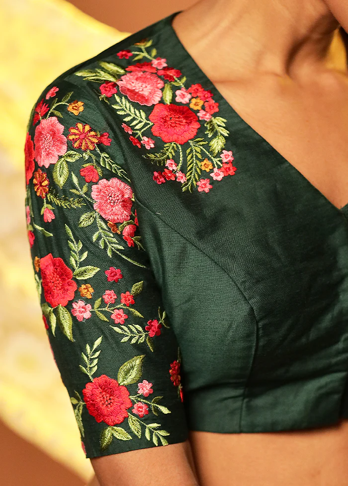 Bottle Green V Neck Designer Blouse Piece - Image 4