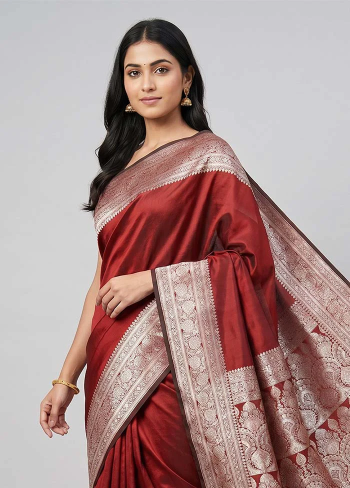 Brown Banarasi Silk Saree With Blouse Piece - Image 2