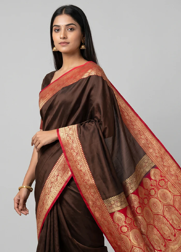 Brown Banarasi Silk Saree With Blouse Piece - Image 2