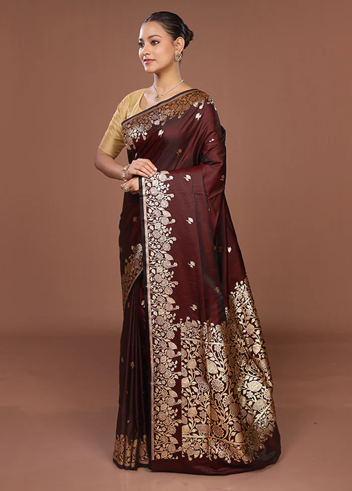 Brown Banarasi Silk Saree With Blouse Piece - Image 4