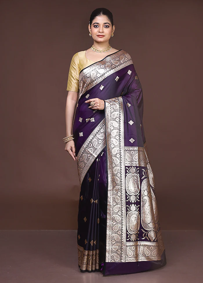 Purple Banarasi Silk Saree With Blouse Piece - Image 2