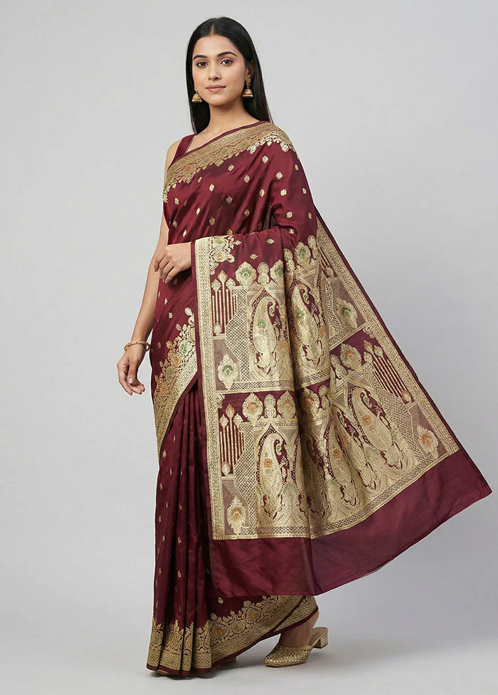 Brown Banarasi Silk Saree With Blouse Piece
