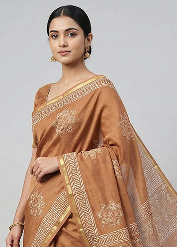 Brown Chanderi Silk Saree With Blouse Piece - Image 2