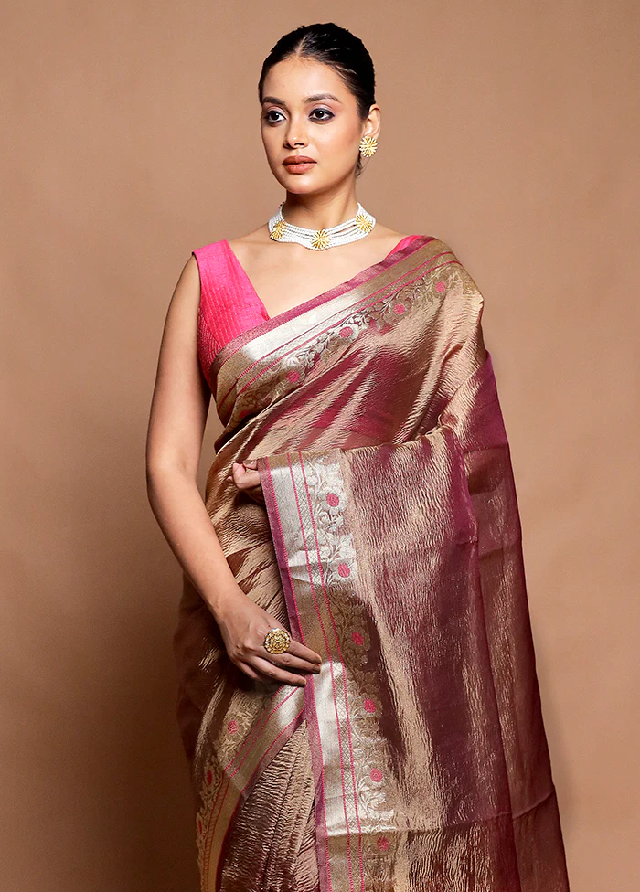 Brown Crushed Tissue Silk Saree With Blouse Piece - Image 2
