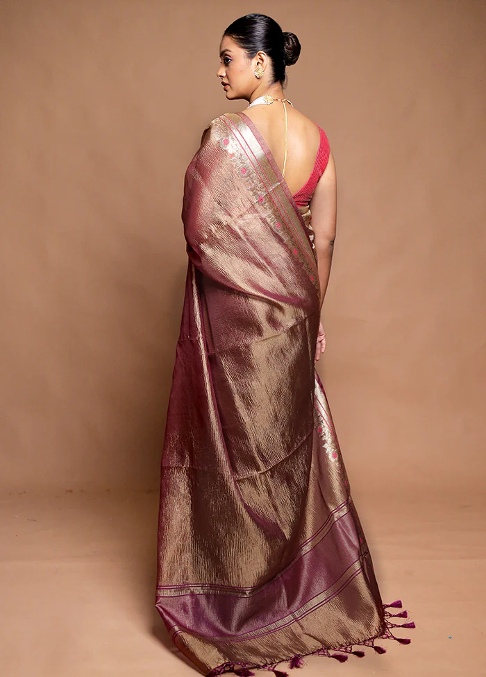 Brown Crushed Tissue Silk Saree With Blouse Piece - Image 3