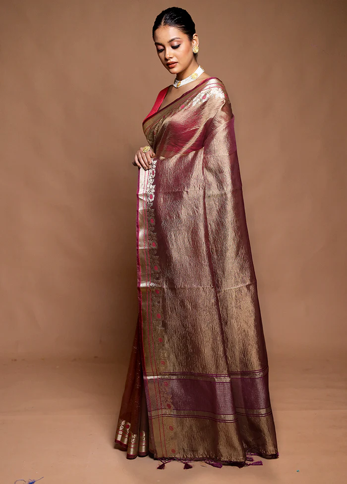 Brown Crushed Tissue Silk Saree With Blouse Piece - Image 4