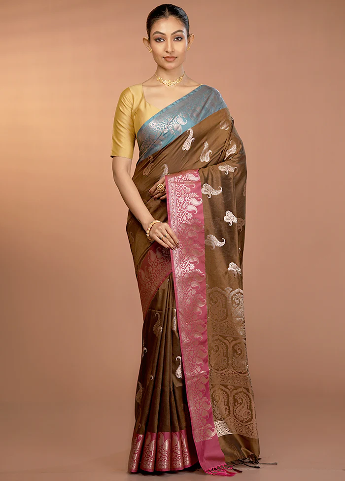 Brown Dupion Silk Saree With Blouse Piece - Image 2
