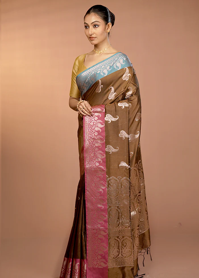 Brown Dupion Silk Saree With Blouse Piece - Image 4
