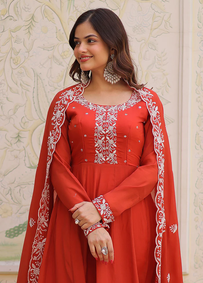 Brown Embroidery Work Cotton Gown - Image 2
