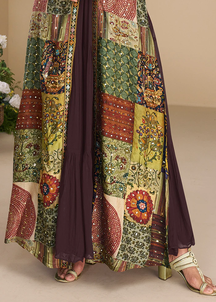 Brown Embroidery Work Georgette Gown With Shrug Set - Image 3