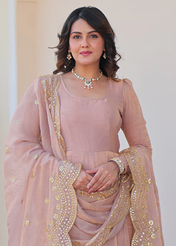 Purple Embroidery Work Silk Gown With Dupatta Set - Image 2
