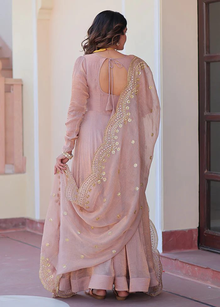 Purple Embroidery Work Silk Gown With Dupatta Set - Image 3