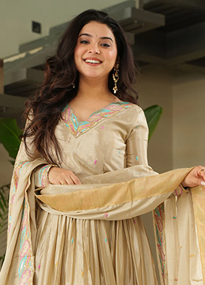 Brown Embroidery Work Silk Gown With Dupatta Set - Image 2