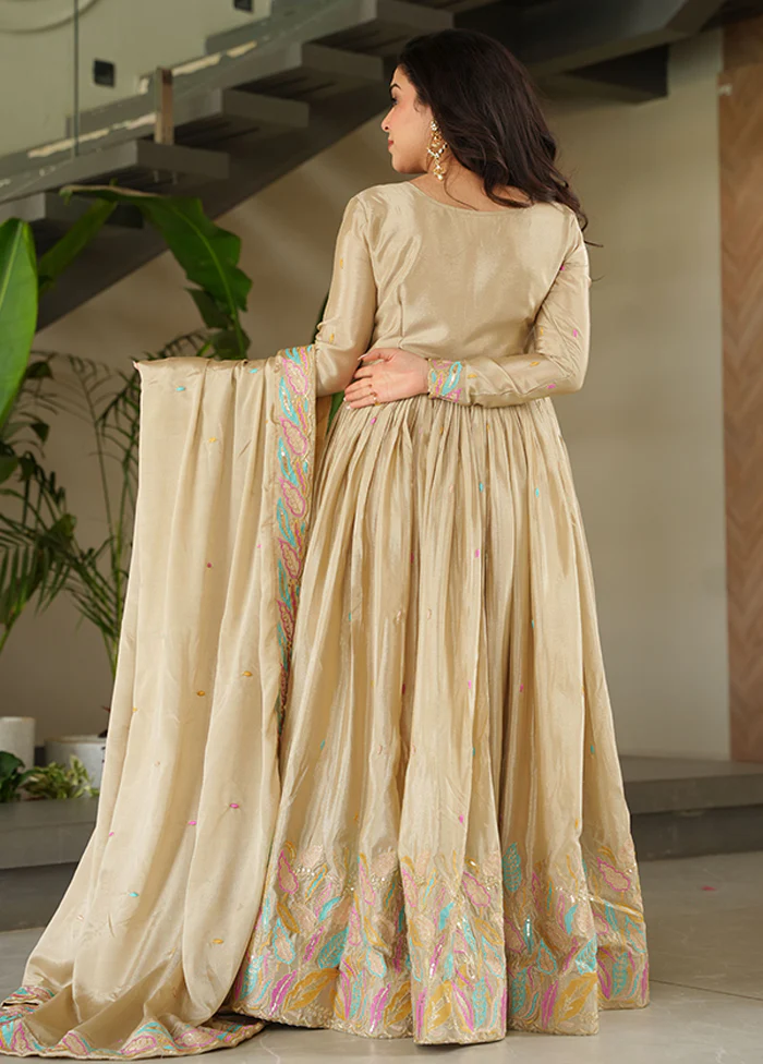 Brown Embroidery Work Silk Gown With Dupatta Set - Image 3