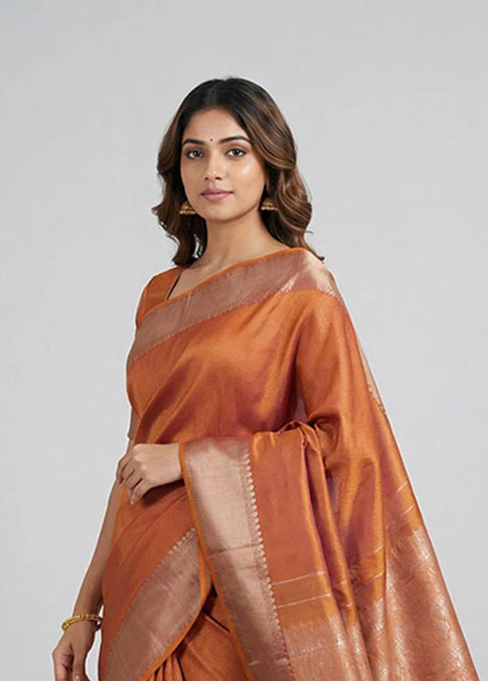 Brown Handloom Kanchipuram Pure Silk Saree With Blouse Piece - Image 2