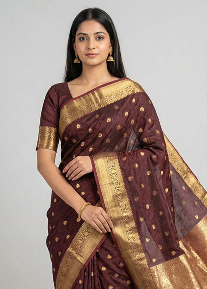 Brown Handloom Kanjivaram Pure Silk Saree With Blouse Piece - Image 2