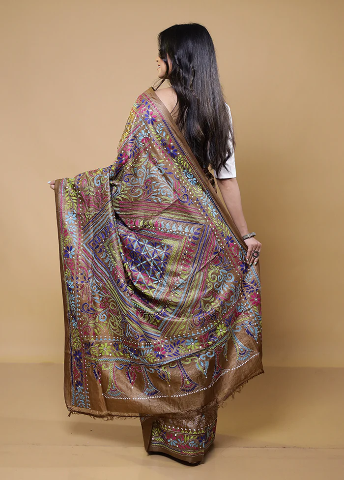Brown Handloom Kantha Stitch Pure Silk Saree With Blouse Piece - Image 3