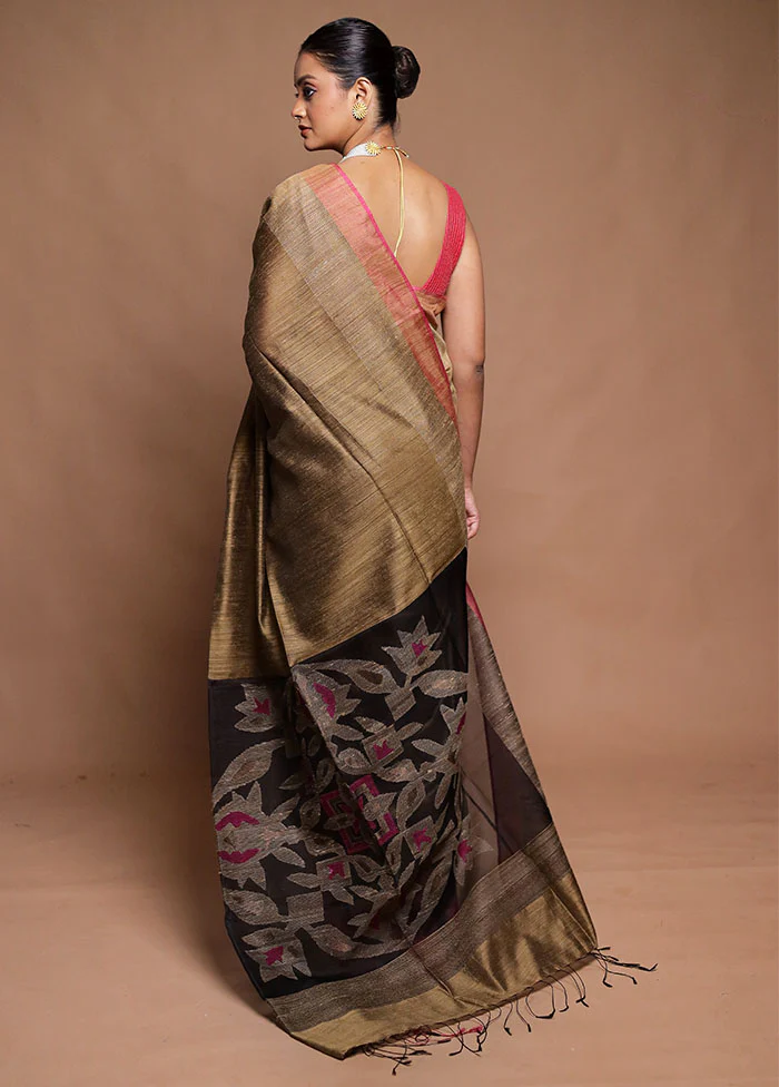 Brown Handloom Matka Pure Silk Saree With Blouse Piece - Image 3