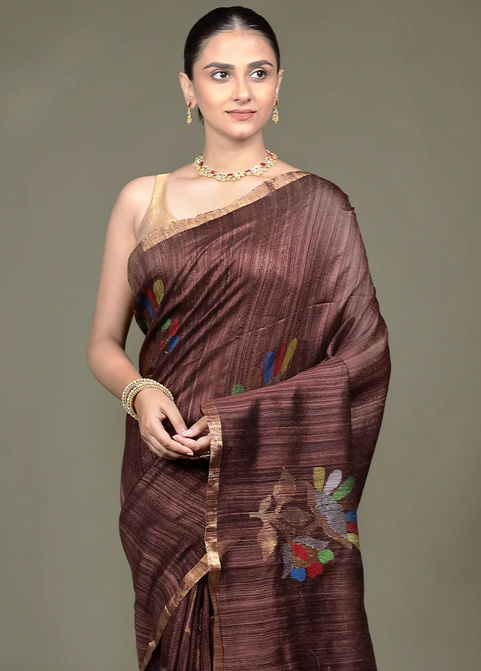 Brown Handloom Matka Pure Silk Saree With Blouse Piece