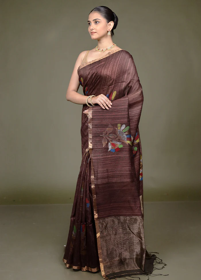 Brown Handloom Matka Pure Silk Saree With Blouse Piece - Image 4