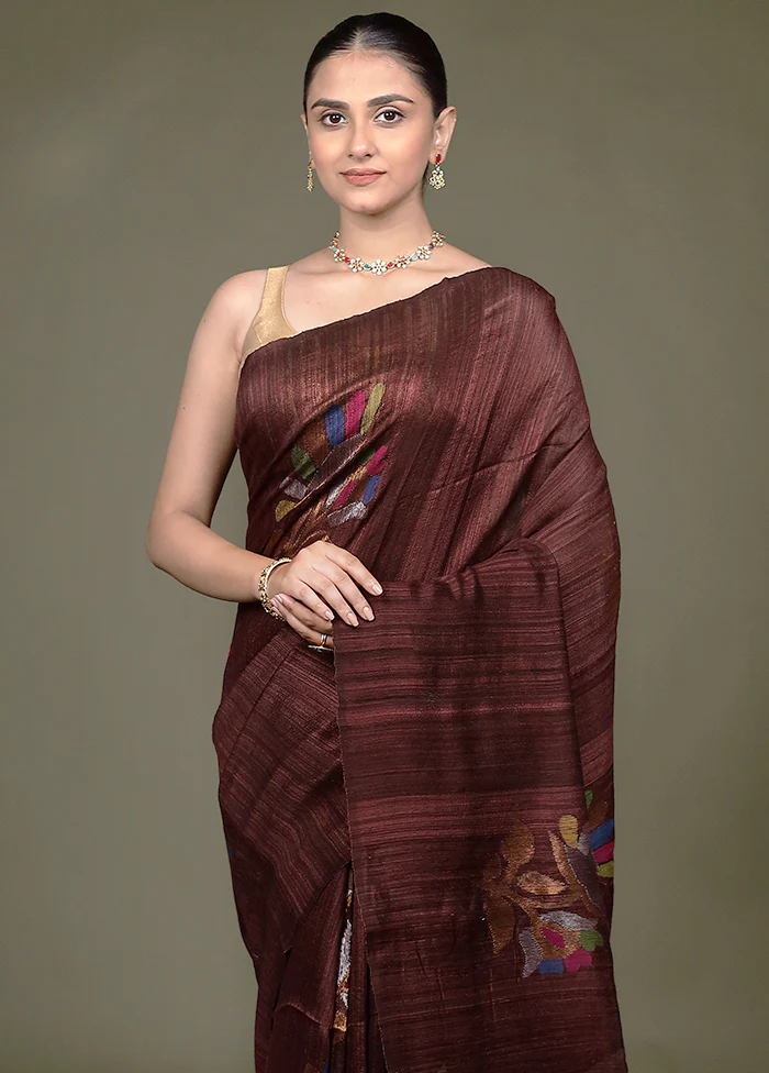 Brown Handloom Matka Pure Silk Saree With Blouse Piece