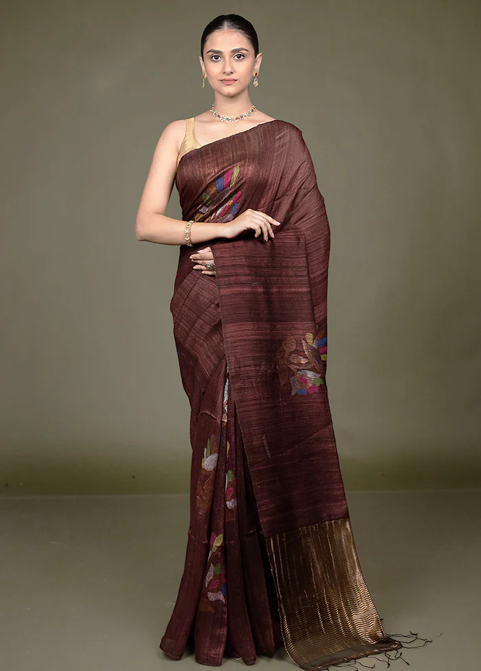 Brown Handloom Matka Pure Silk Saree With Blouse Piece - Image 2