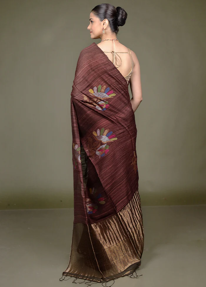 Brown Handloom Matka Pure Silk Saree With Blouse Piece - Image 3